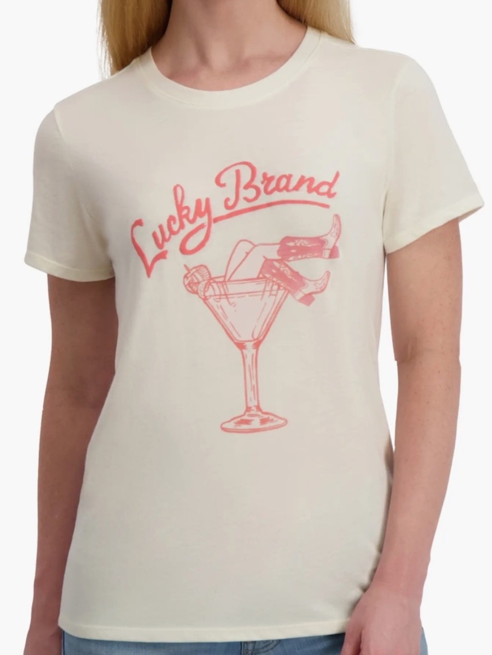 Lucky Brand Women S Cream Short Sleeve Cowboy Boots Martini Graphic T-Shirt NWT